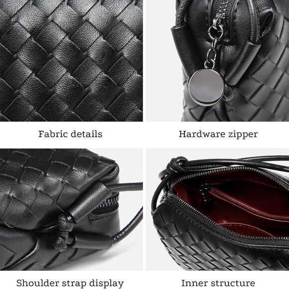 Versatile Mini Crossbody Camera Bag - Stylish Woven Design, Black Vegan Leather - Picture 7 of 8